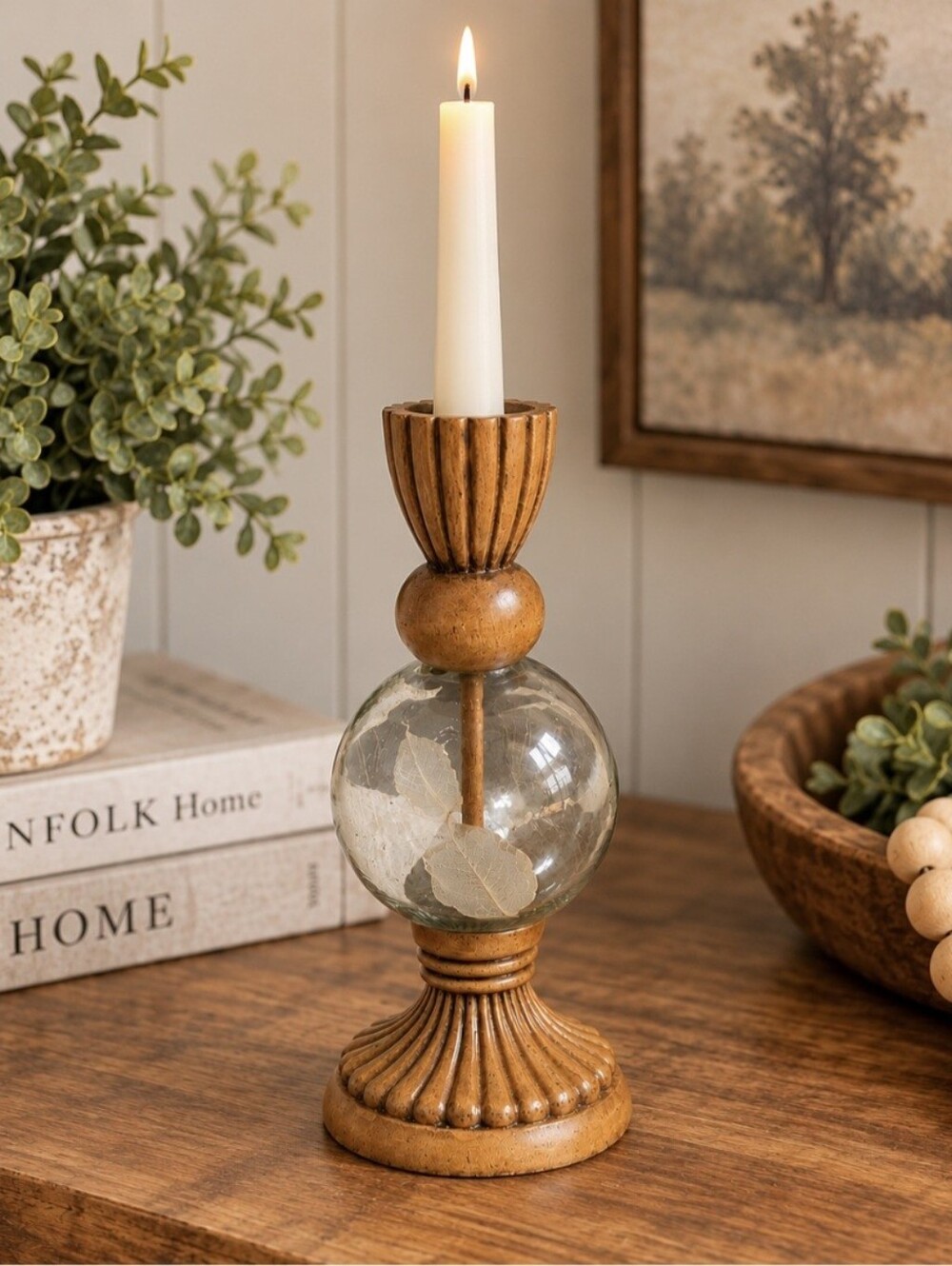 Vintage Wooden and glass‎ candle holder with leaves inside 13 in tall